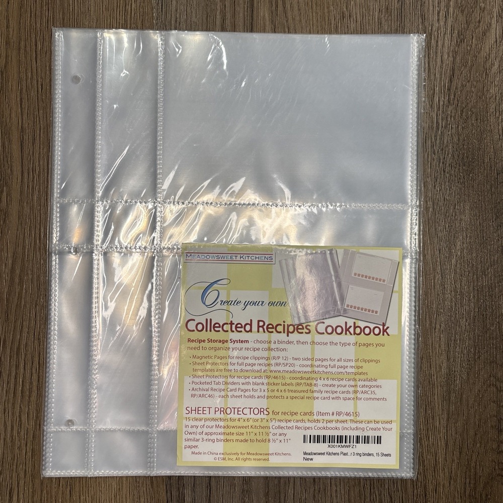 Meadowsweet Kitchens 15 Plastic‎ Recipe Card Sheet Protectors 3 Ring Binder 4x6